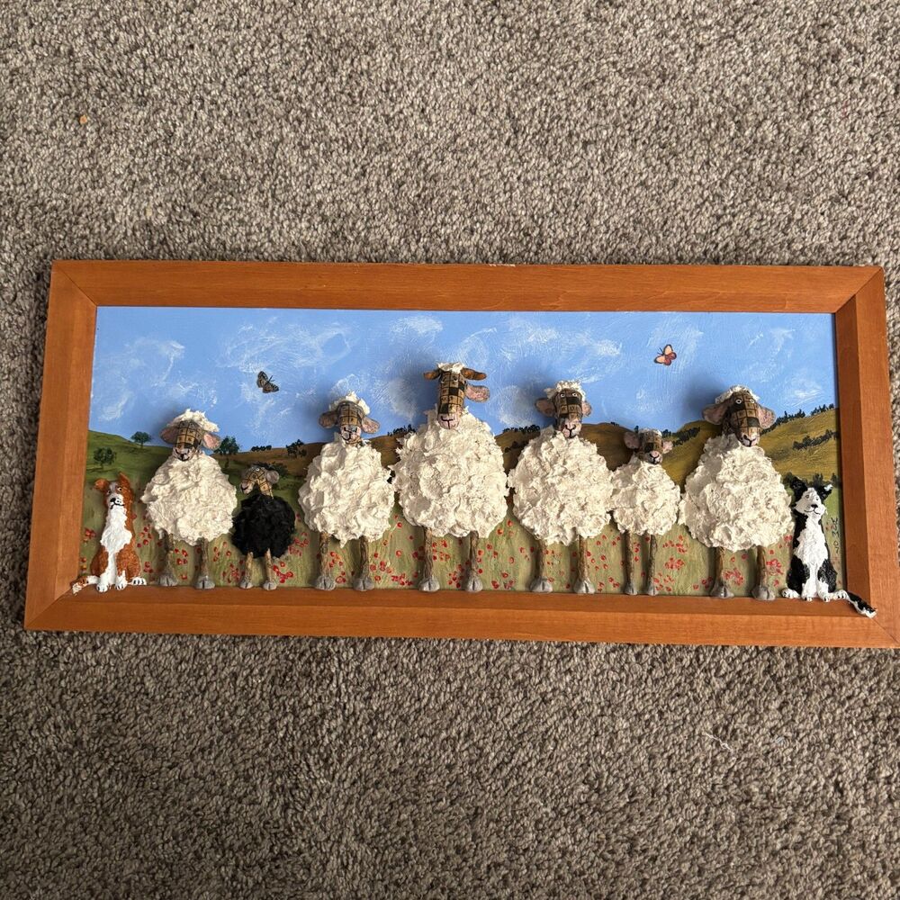 VTG 3D Signed One Of A Kind Paper Mache Adorable Sheep Herders Farmhouse Picture